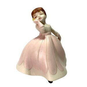 Vtg Ceramic Girl Ball Gown Figurine Pink Dress Brown Hair Made w/ Holland Mold